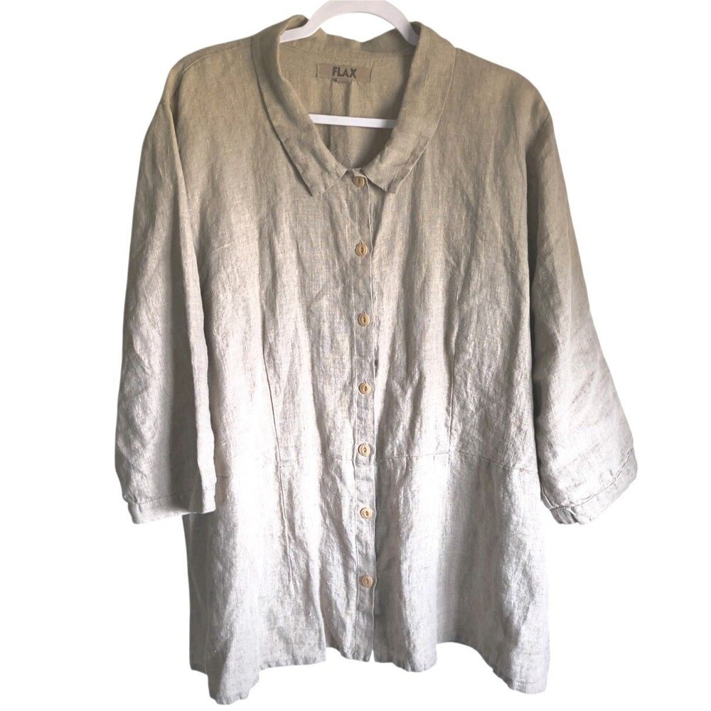 FLAX  Linen Tan Button Shirt 3/4 Sleeve Lagenlook Minimalist Coastal 2G 22-24